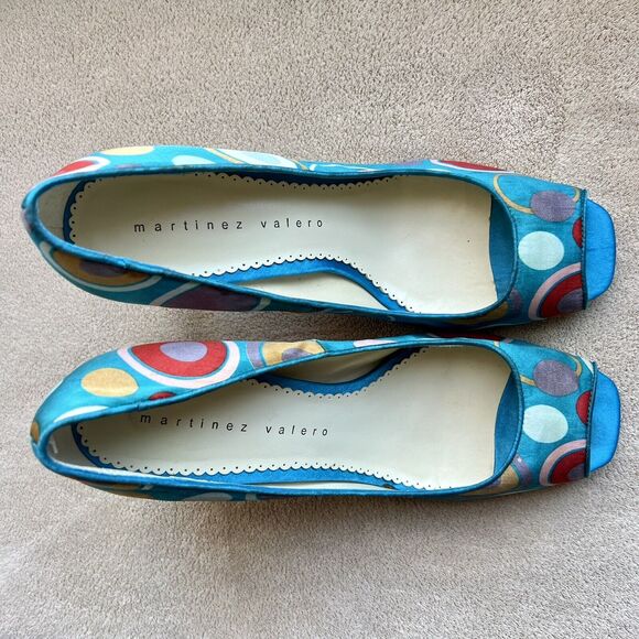 Martinez Valero Turquoise Teal Fabric Peep Toe Pump Multi-Color Dots Women’s 8.5 - Picture 6 of 16